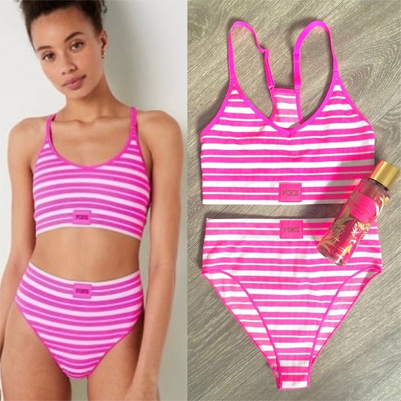 🌸NWT VS PINK RIBBED SEAMLESS RACERBACK BRA AND MATCHING PANTY SIZE SMALL &SPRAY - Picture 1 of 16